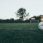 Piłka na boisku do gry w piłkę nożną, bramka i trawa