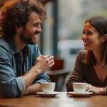 Dwójka roześmianych przyjaciół rozmawiająca w kawiarnii
